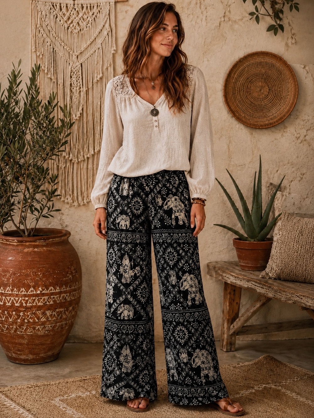 Boho Palazzo Pants Black & Cream  Wide-Leg Elephant Print Hippie Casual Resort